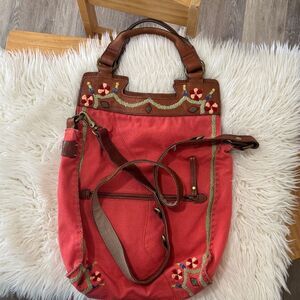 Lucky Brand Coral and Brown Embroidered Satchel